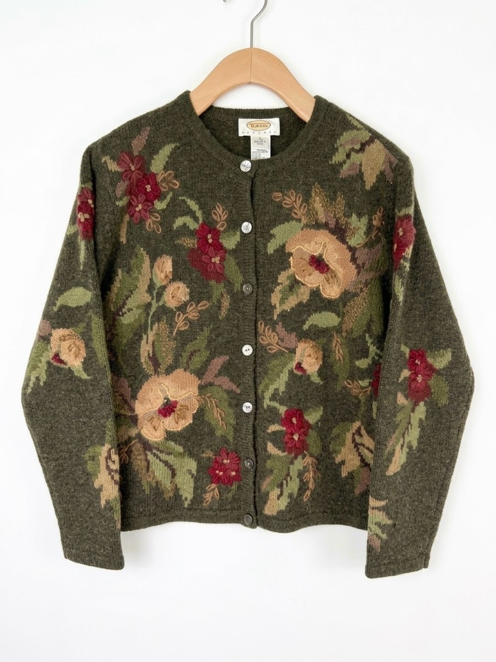 Talbots Petites Vintage Floral Embroidered Lambswool Cardigan Sweater Petite P